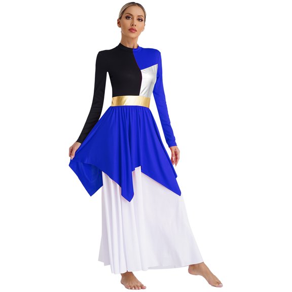 YONGHS Womens Liturgical Dancewear Metallic Contrast Color Lyrical Praise Dance Dresses Blue M