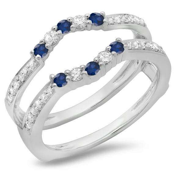 Dazzlingrock Collection 18K Round Blue Sapphire & White Diamond Wedding Band 5 Stone Enhancer Guard Ring, White Gold, Size 10