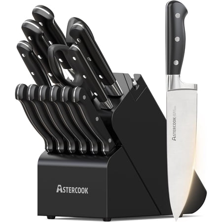 14-Piece Knife Set with Block and Built-in Sharpener, Professional Full-Tang Kitchen Knife Set, Sleek Black Design for Modern Kitchens and Housewarming Gifts