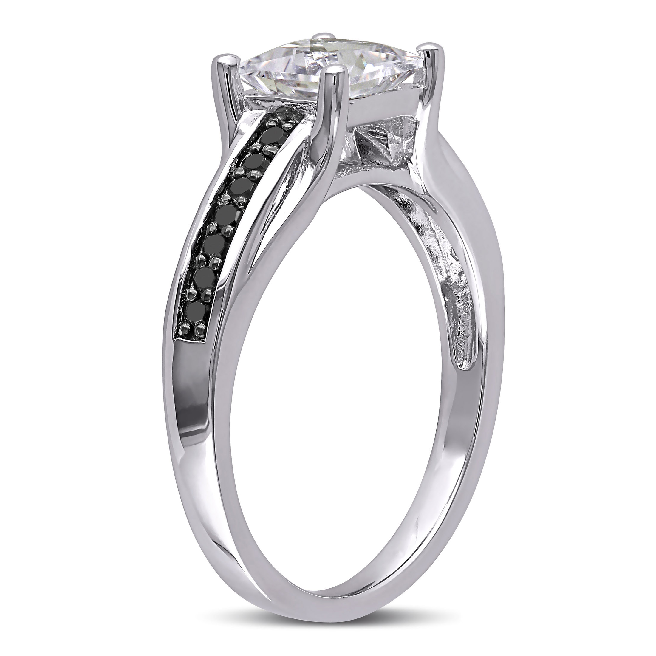 Everly Women's Engagement Anniversary Bridal 1 1/3CT Square-Cut Created White Sapphire 1/7 CT Black Diamond Sterling Silver Solitaire Ring with 4 Prong/Claw/Pave Setting and Diamonds on Band - image 4 of 7