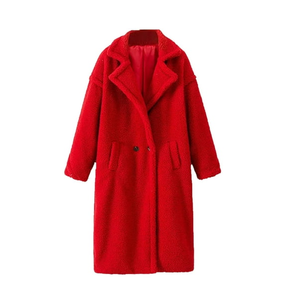 Virmaxy Women's Fuzzy Fleece Open Front Long Cardigan Coat Solid Faux Lamb Wool Thicken Shacket Jacket with Pocket Notch Collar Long Sleeve Button Plush Outwear Jacket Red S