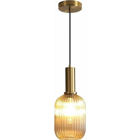 KCO Plafonnier en Verre Ambré Éclairage Vintage Suspension en Verre à Rayures Doré Mini Lampe Suspendue pour Îlot de Cuisine