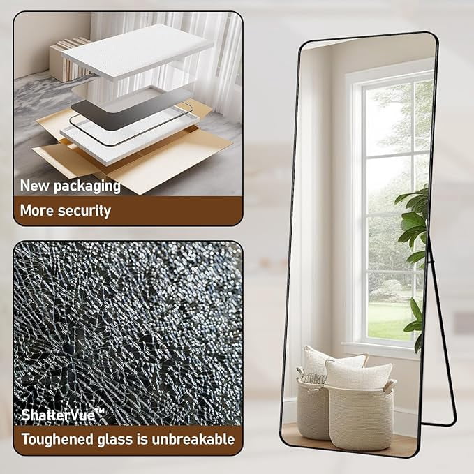 Mirstory 20" x 60" Rectangle Full Length Mirror with Stand Round Edge Floor Mirror, Black