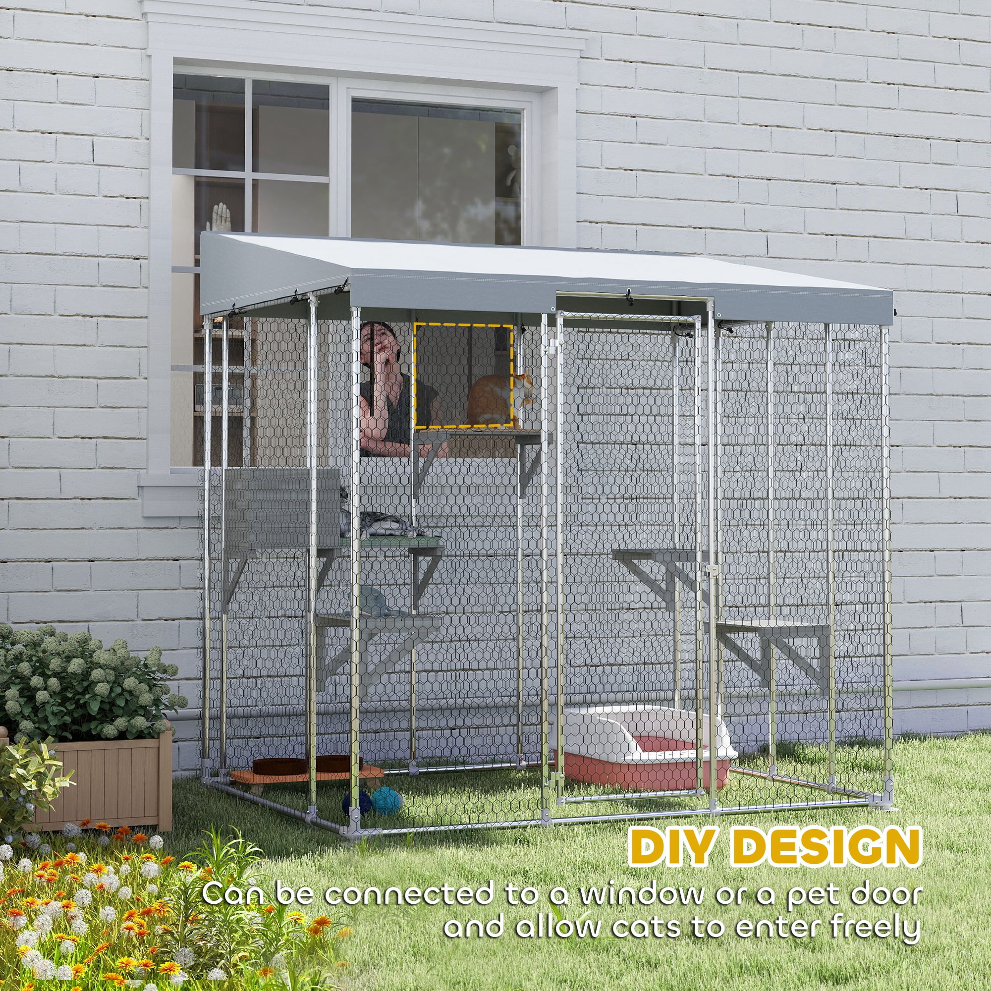 PawHut Large Catio Outdoor Cat Enclosure, Galvanized Steel Outdoor Cat House with 420D Waterproof Canopy for 1-3 Large Cat, Walk-in Cat Cage, Silver