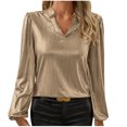 thumbnail image 2 of Aobny Brown Workout Shirts Women Long Sleeve V-Neck Sparkly Tops Elegant Blouse Women T Shirt,L, 2 of 9
