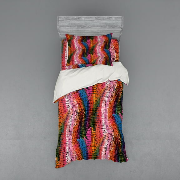Ambesonne Abstract Bedding Set 3 Pcs, Colorful Wavy Mosaic, Twin XL, Multicolor