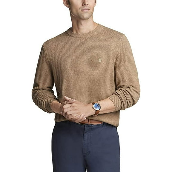 IZOD Men's Classics Long Sleeve Crewneck Textured Ottoman Sweater, Camel Heather, Small