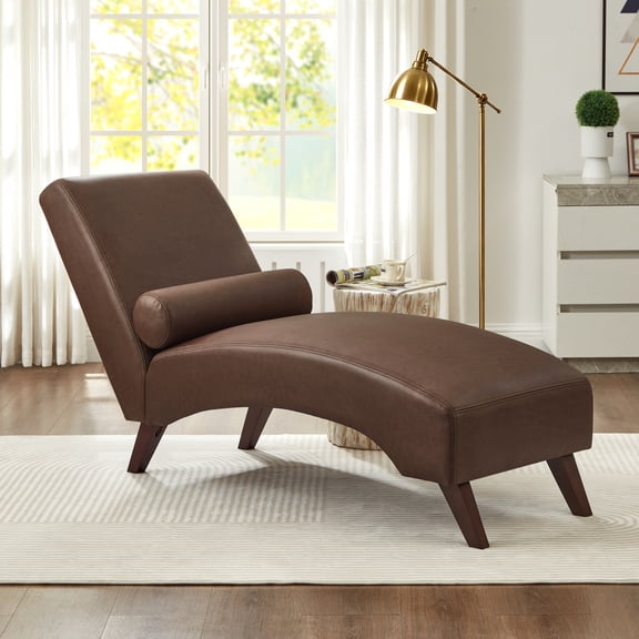 FENGFAN Mid-Century Tech Leather Chaise Lounge Chair with Bolster Pillow Brown 400lbs Capacity 1 Pack