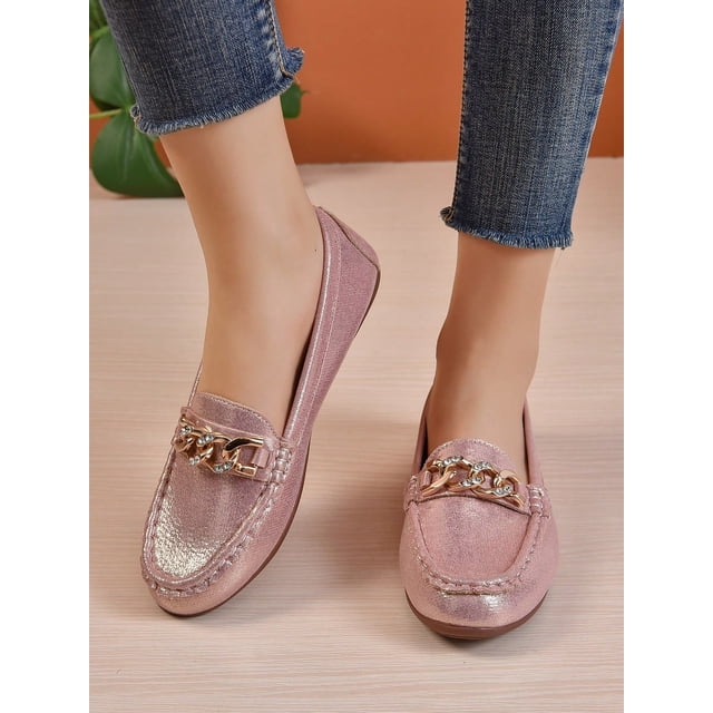 Rhinestone & Chain Decor Litchi Embossed Loafers, Black Fashionable Rhinestone & Metallic Chain Decor Solid Color Loafers
