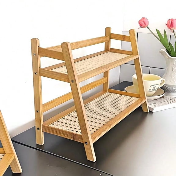 2-Tier Bamboo Freestanding Storage Shelf, Multi-Purpose Desktop Organizer Rack, Spice Rack, Cup Holder, Plant & Doll Display Stand for Kitchen Bedroom Dorm Office