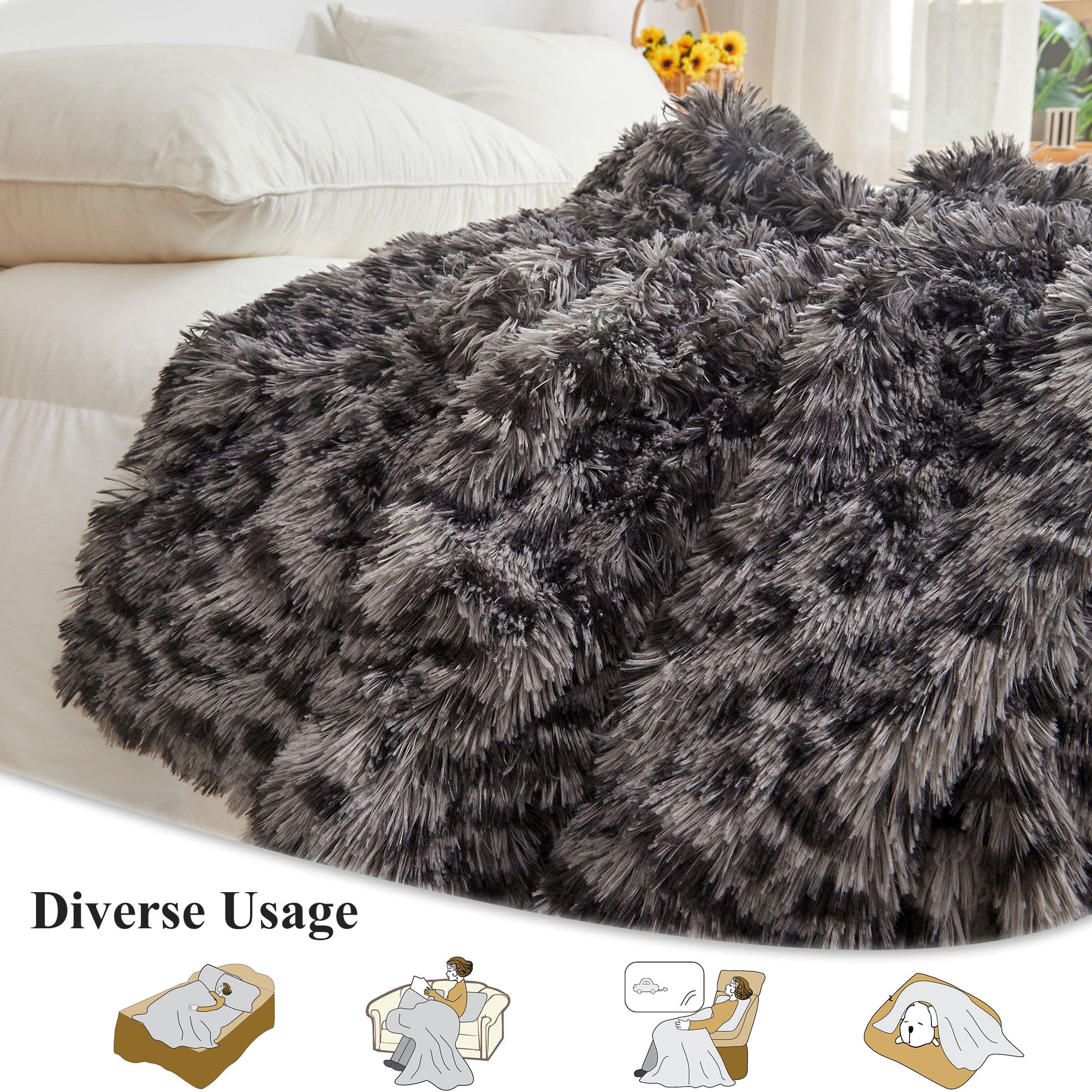 XeGe Luxury Faux Fur Leopard Print Throw, Soft 50x60 Cheetah Print Fluffy Blanket, Shaggy Plush Decorative Couch Blanket, Cute Furry Fuzzy Animal Throw for Sofa Bed, Leopard Light Grey