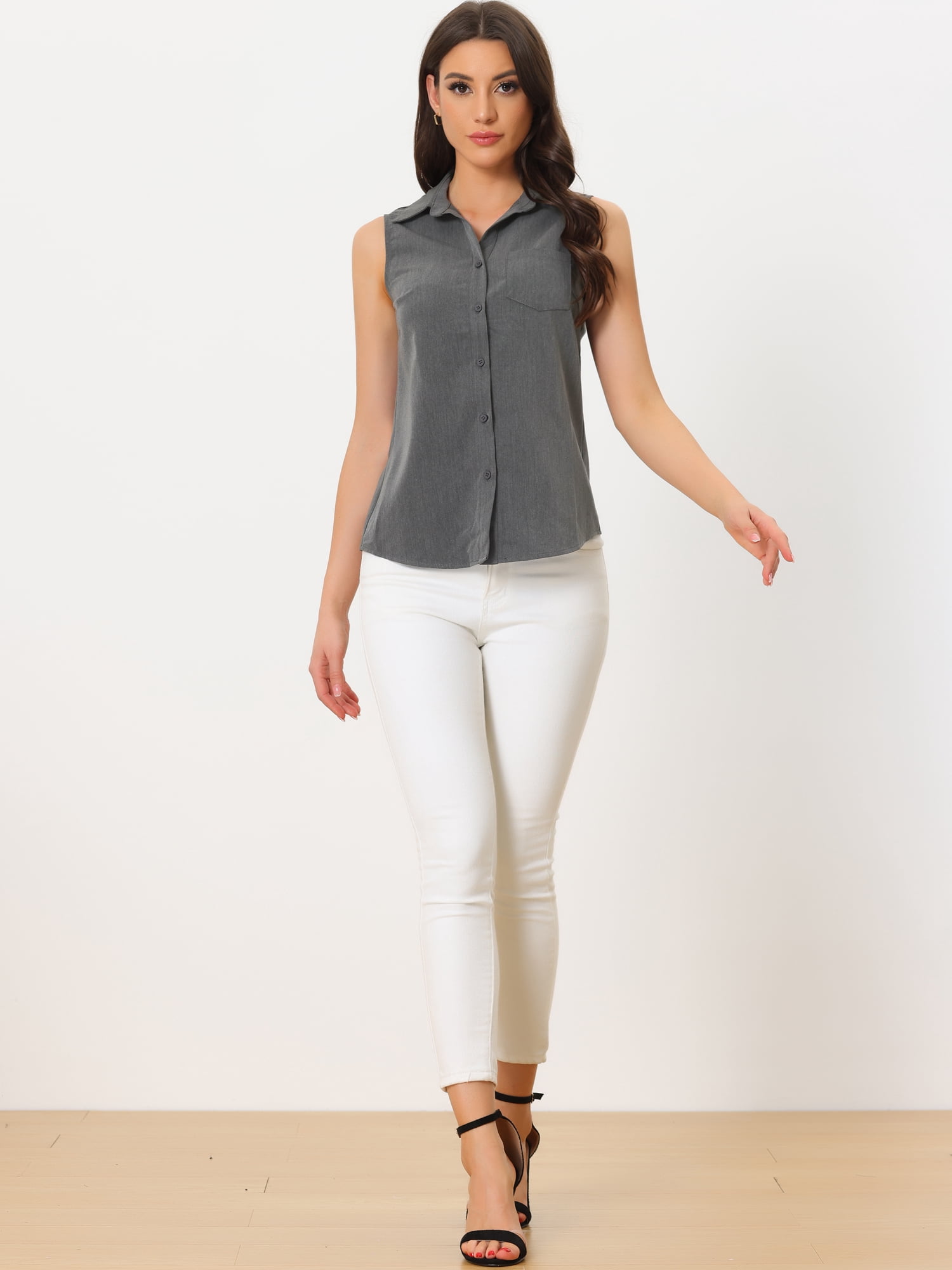 DARING DIVA Sleeveless Lapel Chambray Tunic Denim Shirt M Dark Grey