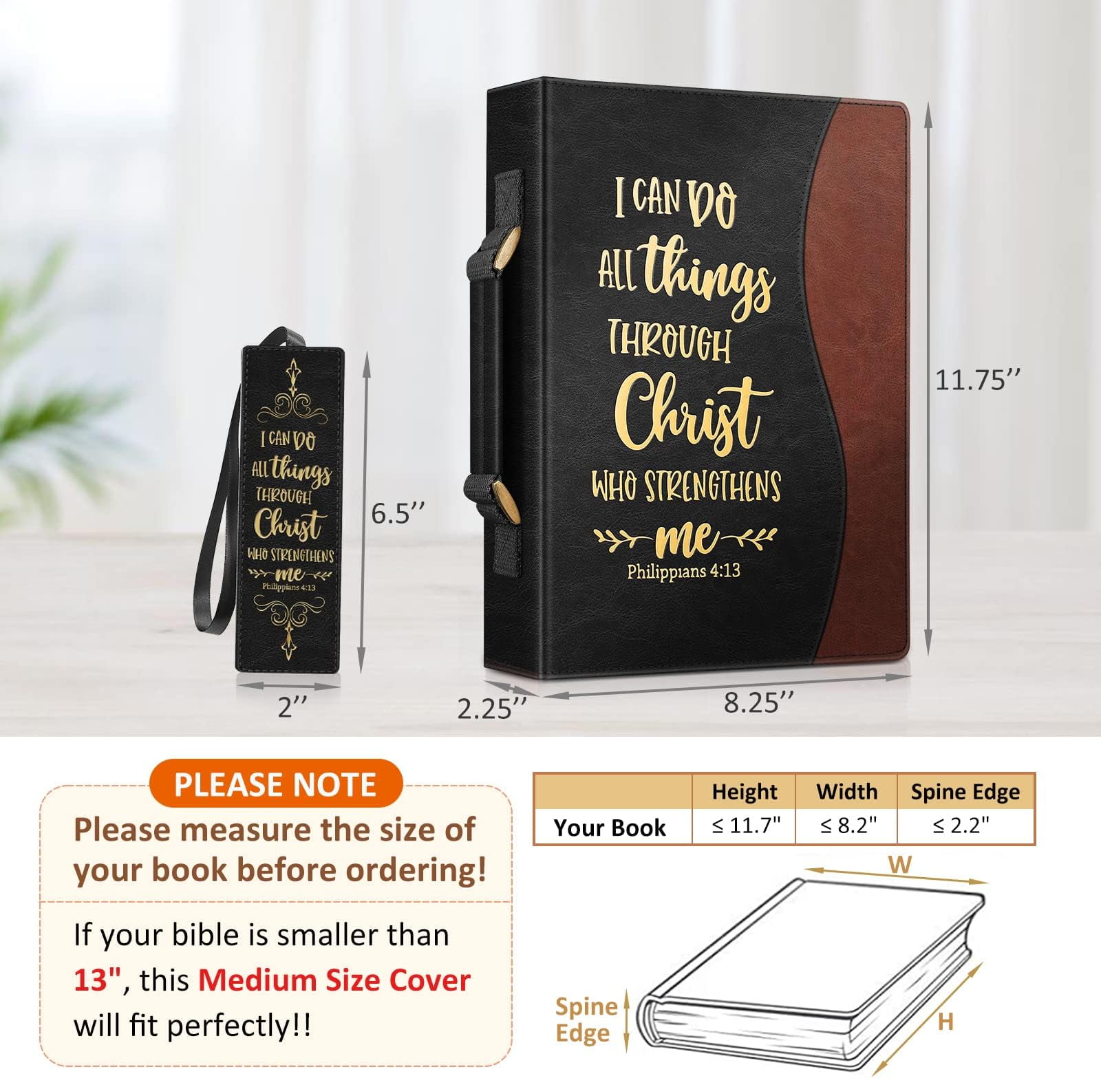 Classic Bible Cover, FINPAC Large PU Leather Carrying Book Case Church Bag Bible Protective with Handle, Perfect Gift for Men, Women, Father, Mother, Friends [I Can Do All Things], Black/Brown