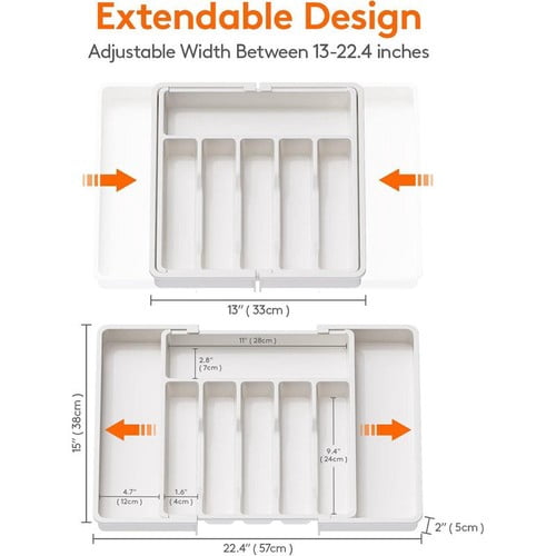 Colourtree White Utensil Organizer for Kitchen Drawers, Expandable Cooking Utensil Tray, Adjustable Cutlery Silverware Flatware Holder, Plastic Kitchen Spatula Tools and Gadgets Storage Divider
