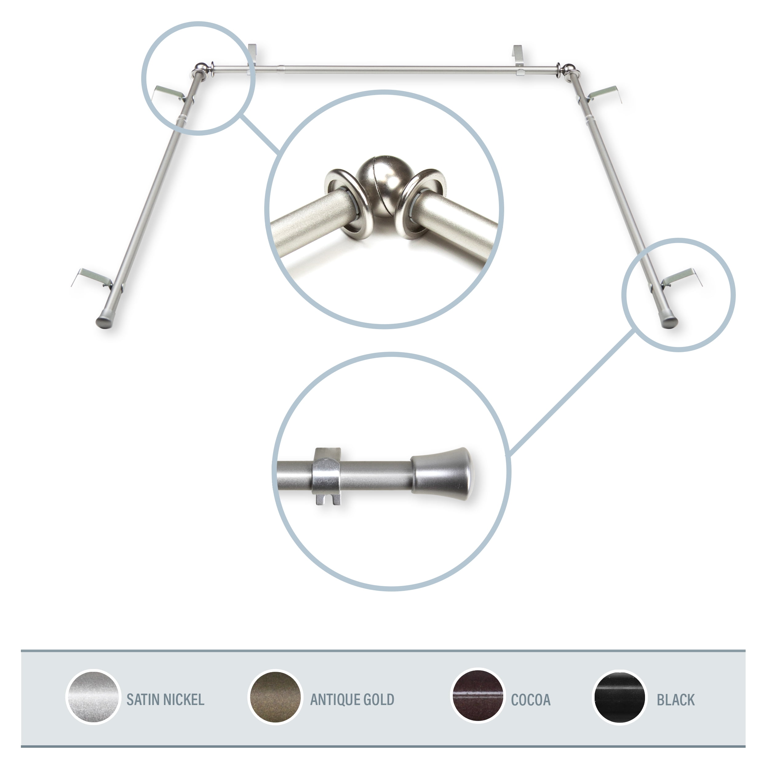 5/8" Dia Bay Window curtain rod, Adjustable 20"36", 38"72" Satin