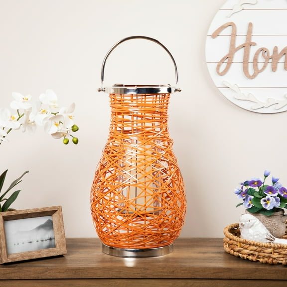 Northlight Woven Iron Pillar Candle Lantern with Glass Hurricane - 18.5" - Orange