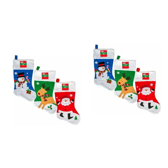 Set of 6 Pack Christmas House Whimsical Character Stockings with Fleece Cuffs, 18 inch