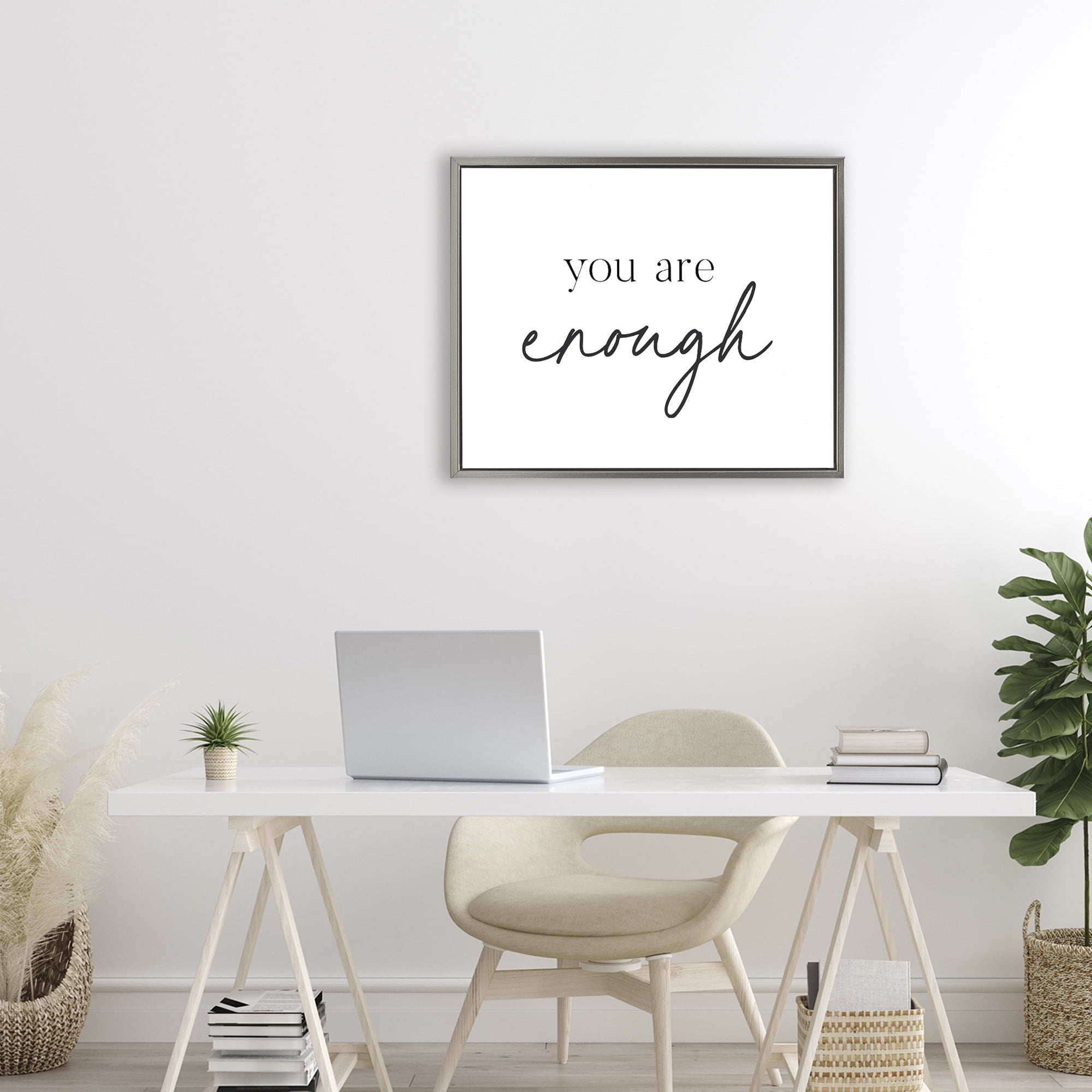 You Are Enough Sentiment Gray Framed Floater Canvas Wall Art, design by Lettered and Lined