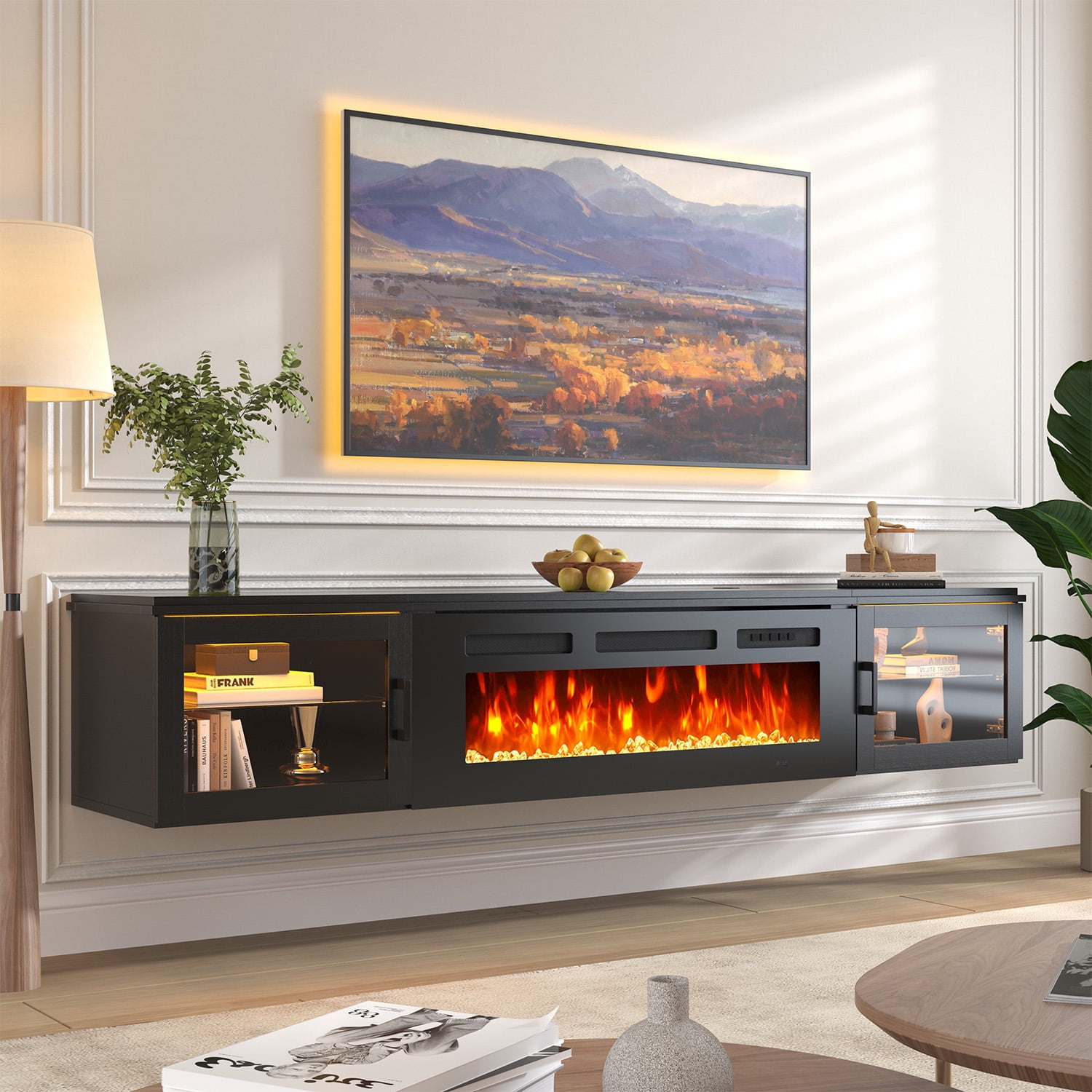 Sonegra Floating Fireplace TV Stand for TVs up 80", Wall Mounted Fireplace Entertainment Center, 70" Console Table with Electric Fireplace, Black, WI-FI Enabled