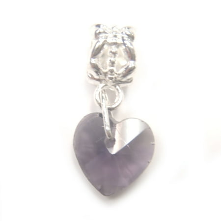 3 Beads - Deep Purple Crystal Heart Dangle Glass Silver European Bead Charm E1208