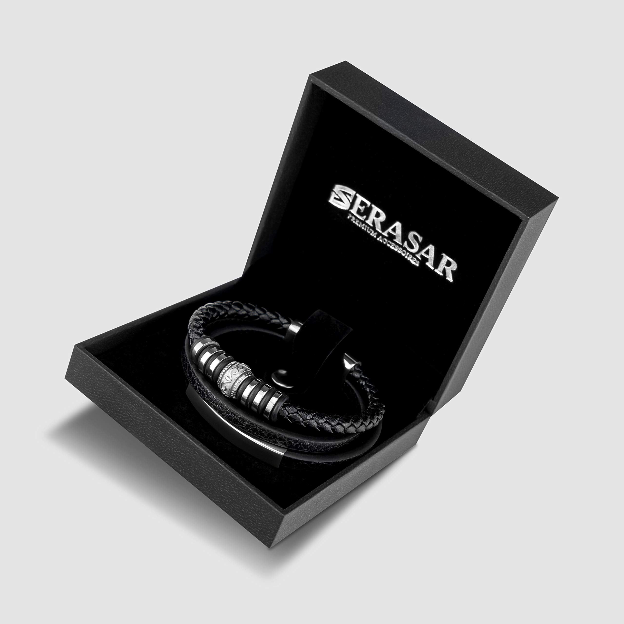 SERASAR Leather Bracelet for Men "Shine" with stainless steel magnetic closure, Silver 20cm, including gift box
