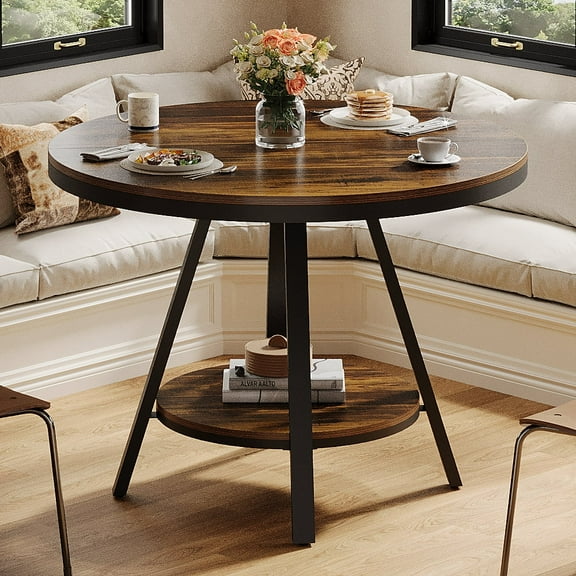 Finmind Small  2-Tier Round Dining Table for 2-4 People, 35-Inch Industrial Kitchen Table with Sturdy Metal Leg, Rustic Brown