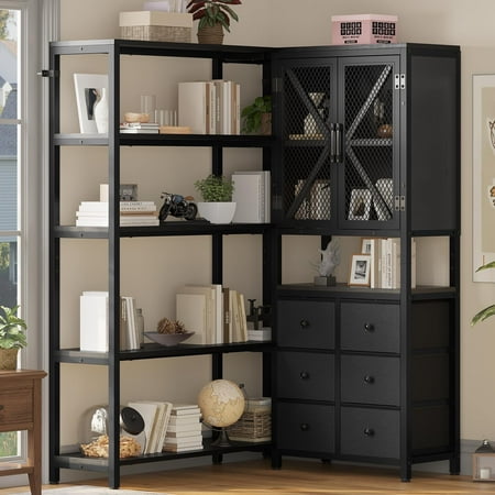 Afuhokles Corner Bookshelf, 5 Tier Industrial Convertible Bookshelf with 6 Fabric Drawers, Corner Bookcase, Black