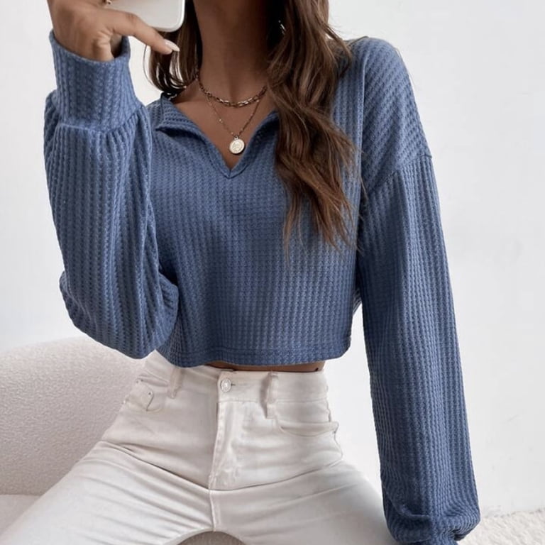 Women's Long Sleeve Waffle Knit Cropped Tops V Neck Tunic Shirts