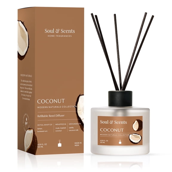 Soul & Scents Reed Diffuser Set-Coconut, 4.1 oz Scented Oil with 6 Fiber Sticks, Long-Lasting Home Fragrance for Bedroom, Bathroom, Office