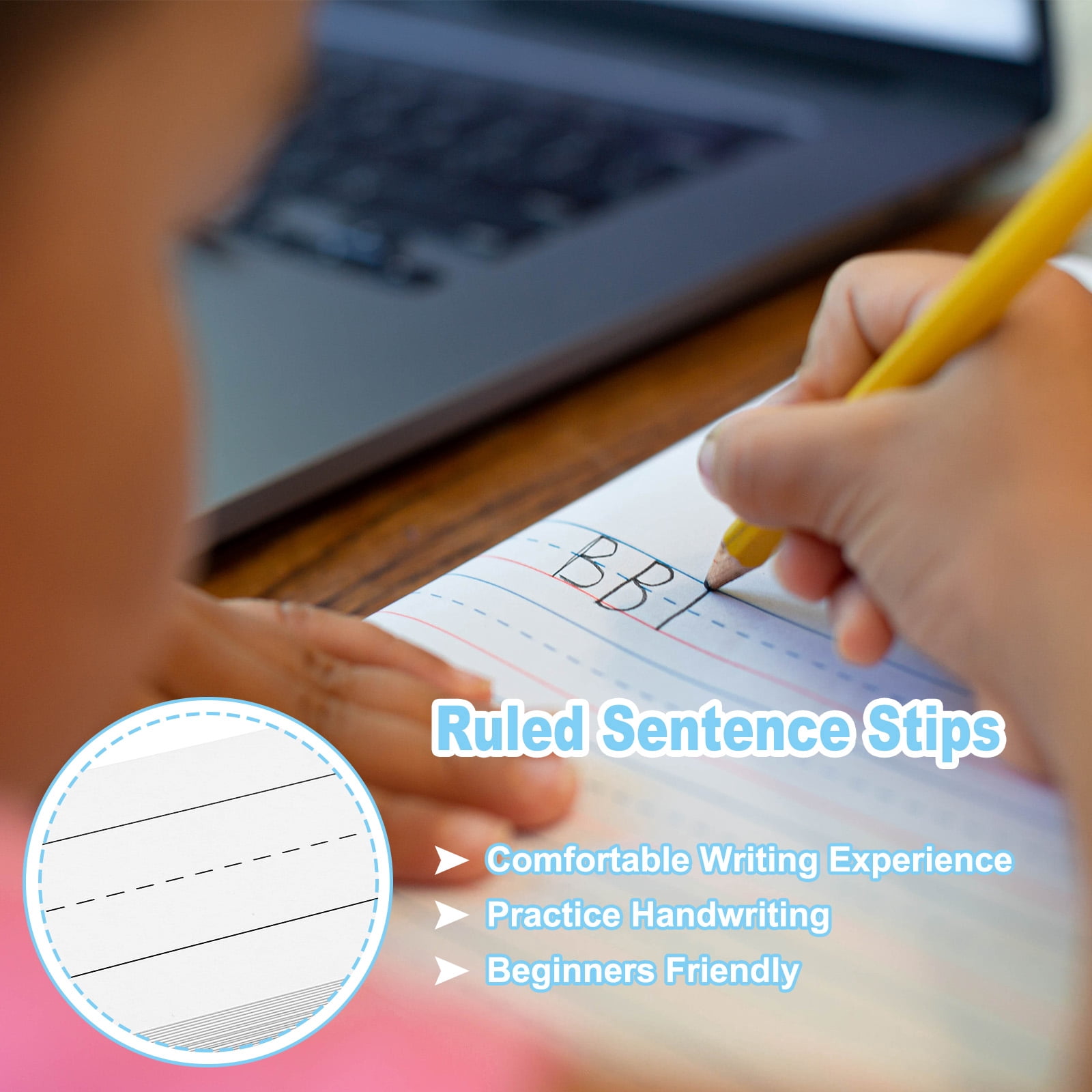 Uxcell 75 Sheets Ruled Sentence Strips, 3" x 24" Cardstock 250GSM Writing Paper Blue Red Lined for Classrooms, White