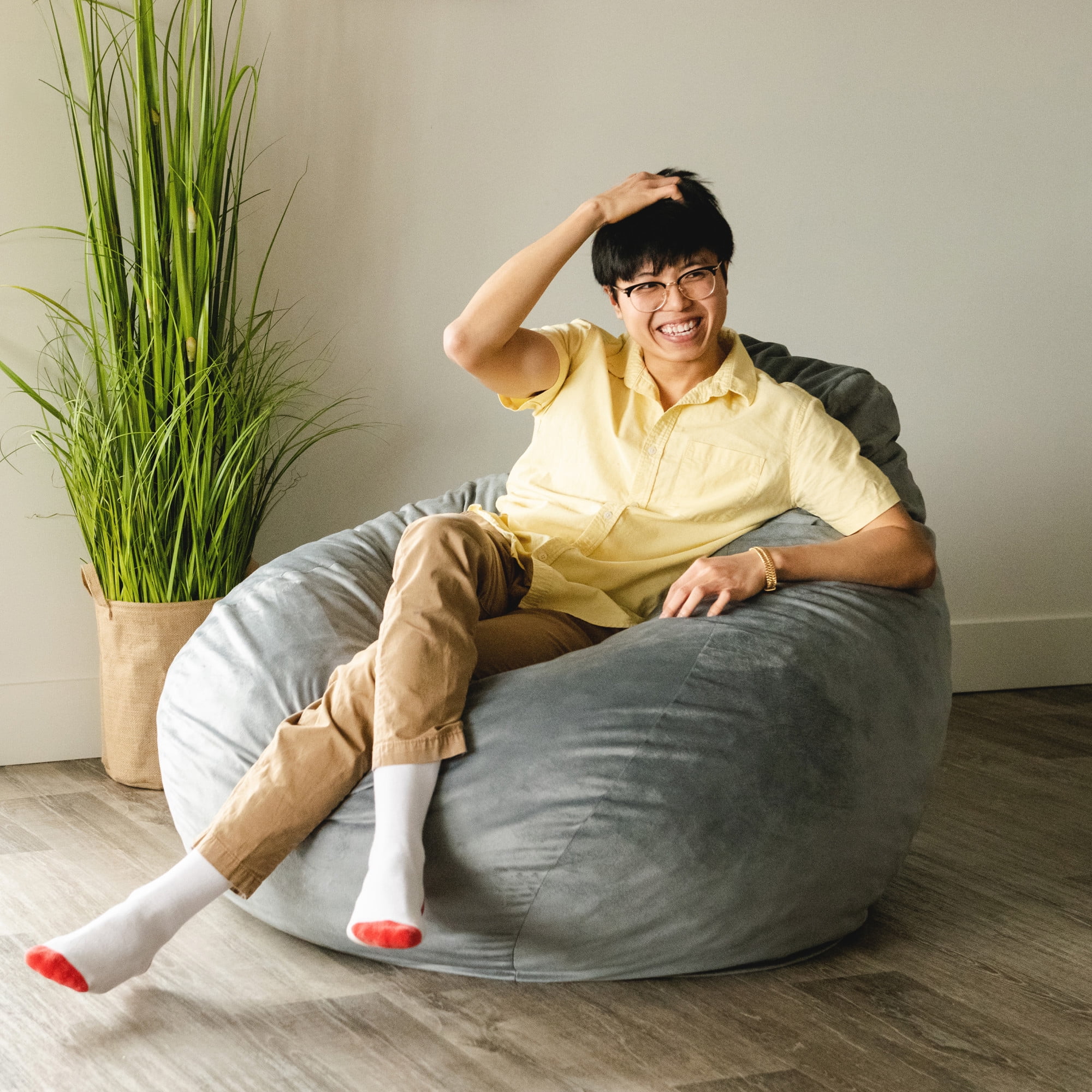 Big Joe Lotus Foam Filled Teardrop Bean Bag Chair with Removable Cover, Gray Plush, Soft Polyester, 4 feet Big