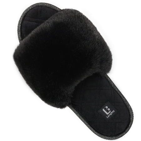 

LongBay Women s Fuzzy Faux Fur Memory Foam Cozy Flat Spa Slide Slippers Comfy Open Toe Slip On House Shoes Sandals Size 7-8 US