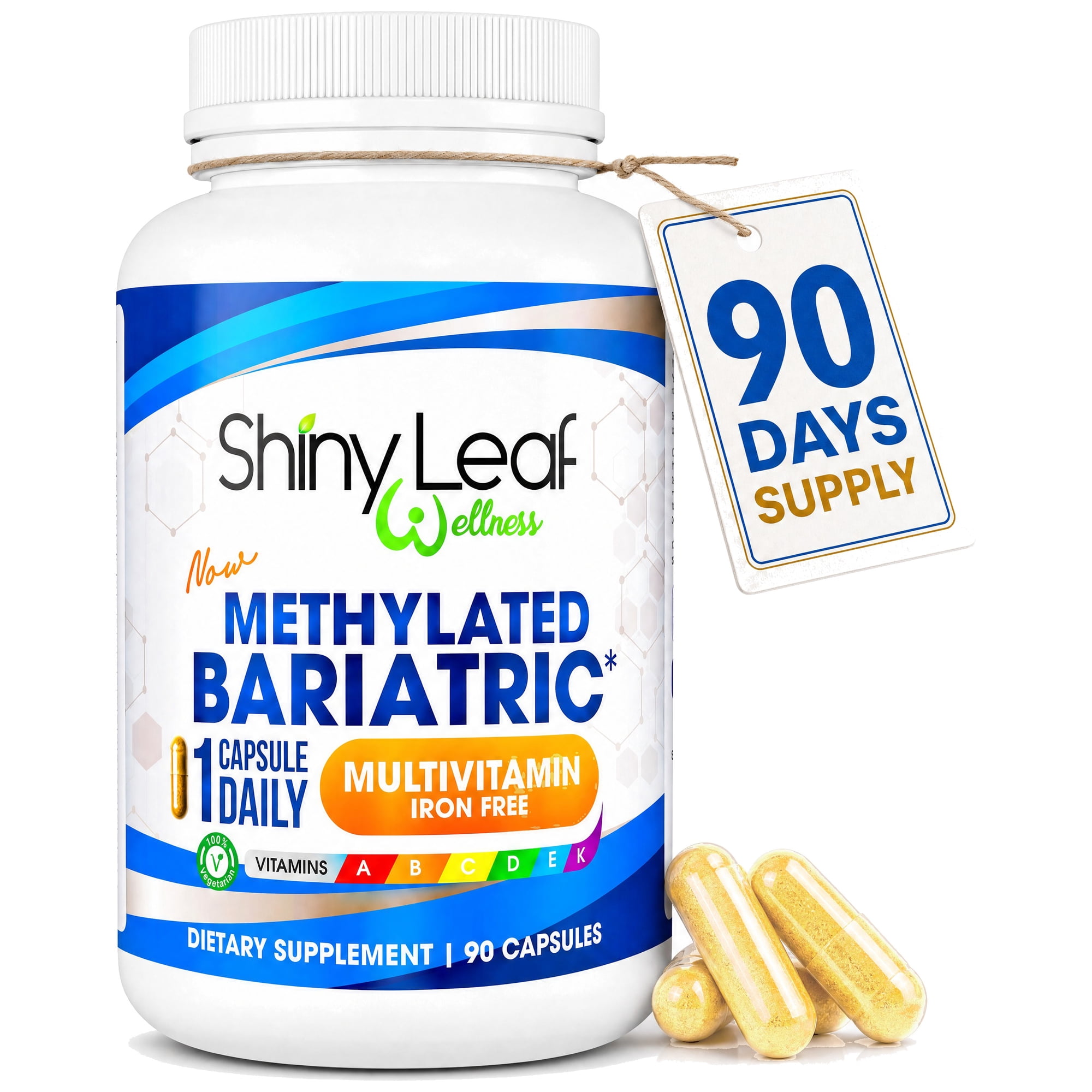 Shiny Leaf Methylated Bariatric Multivitamin Without Iron – 1 Daily Capsule with Methylated Folate & B12, Vitamins A, C, D, Biotin, Zinc, K – For Gastric Bypass & Sleeve – Vegetarian, Soy-Free, 180ct