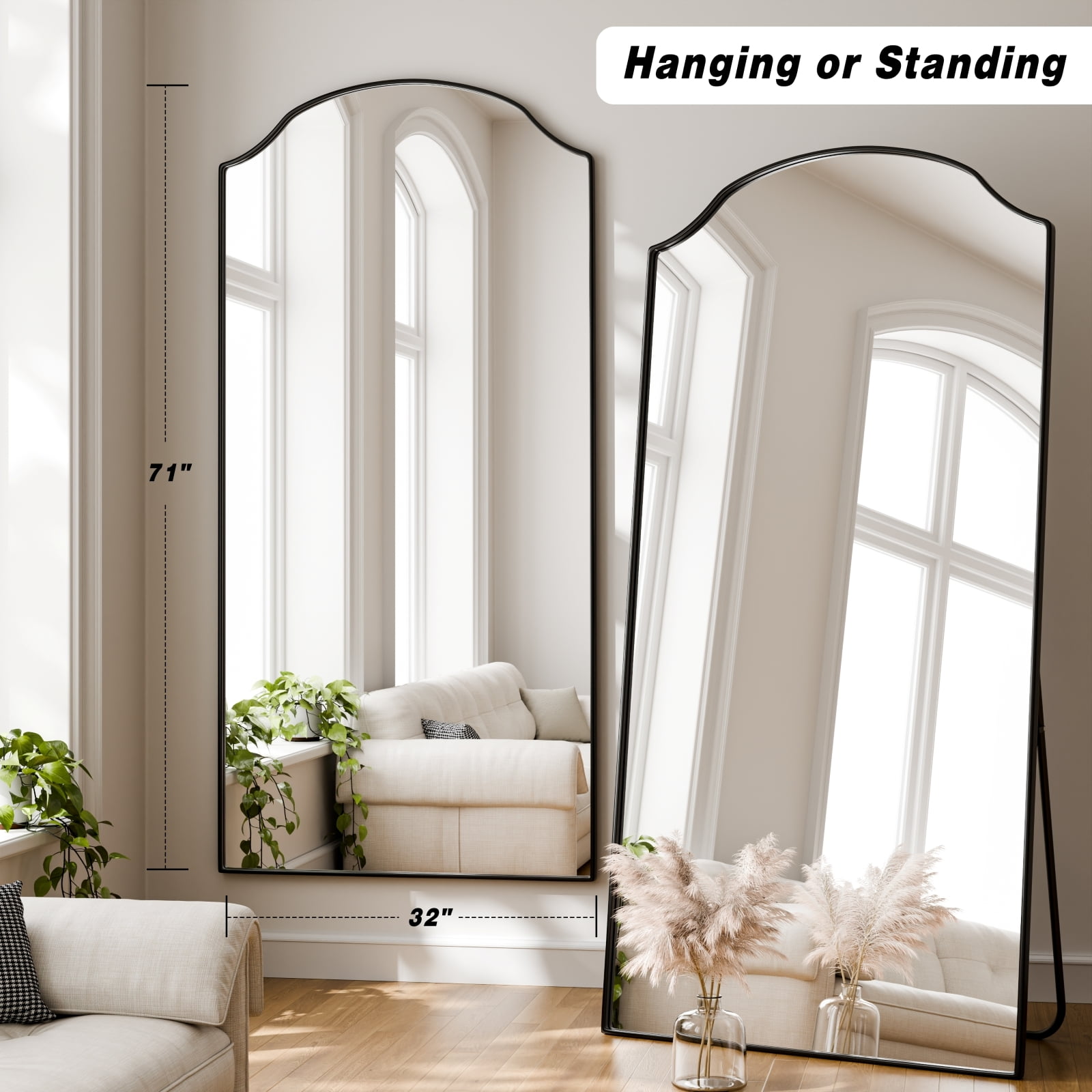 GRAHMCY 32"x71" Full Length Floor Mirror Arched Wall-Mounted Mirror, Black