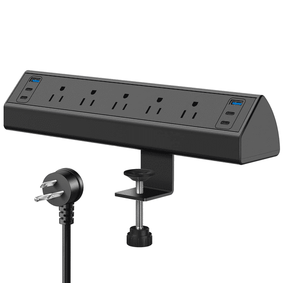 VILONG Desk Clamp Power Strip USB C, 40W Total Fast Charging Station, 5 Outlets 6USB, 1200J Surge Protector, 6Ft Cord, Fit 1.6" Edge, Black, ETL Listed