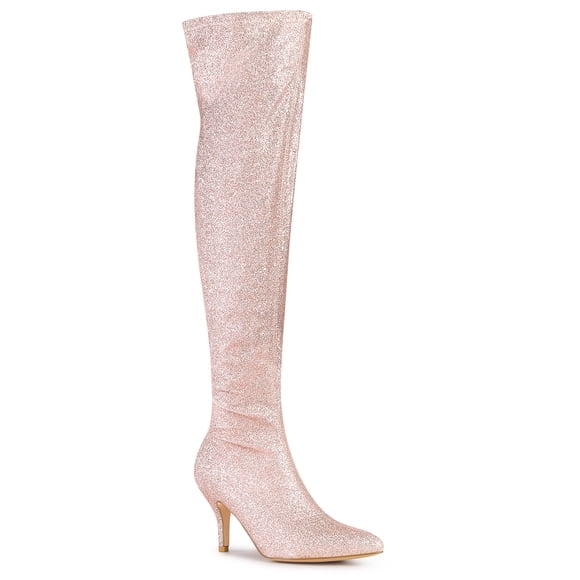 BLISSFUL STEP Women's Boots Glitter Point Toe Stiletto Heels Over The Knee High Boots Light Pink 7