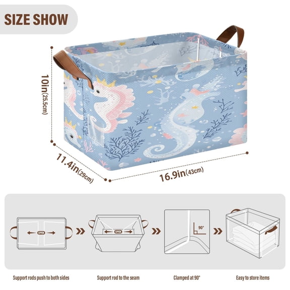 BZSMCE Collapsible Fabric Cube Storage Bins Pattern Of Cute Seahorses Design Pattern Storage Box