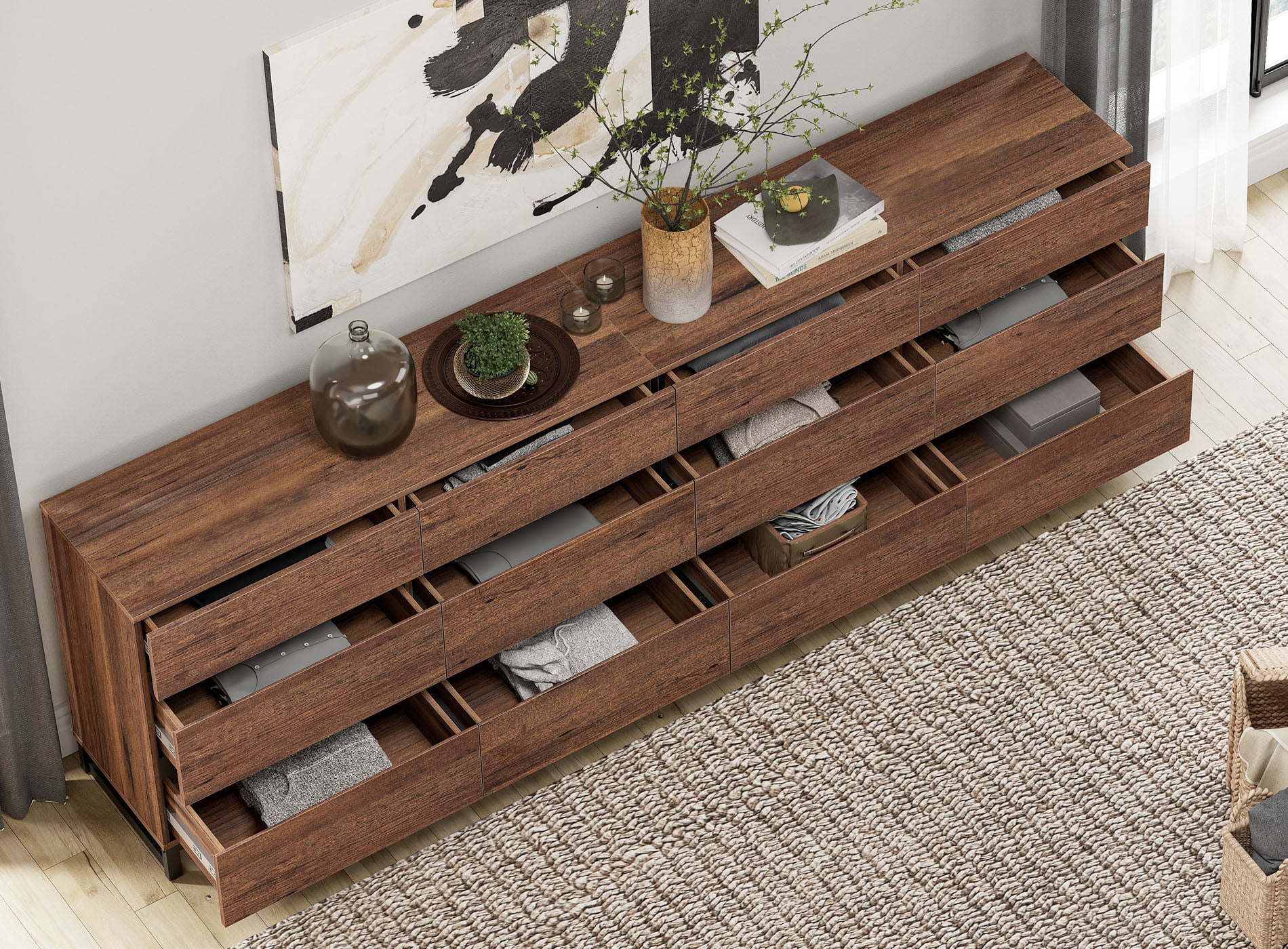 12-Drawer Wooden Dresser with Metal Base, Modern Chest of Drawers & Closet Organizer for Bedroom, Living Room, Brown