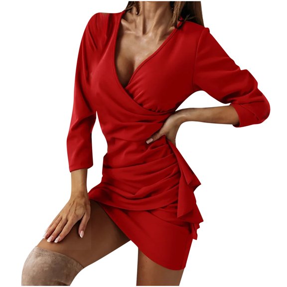 Fesfesfes Women Gowns V-Neck Long Sleeve Slim Fit Buttocks Irregular Dress Plus Size $10