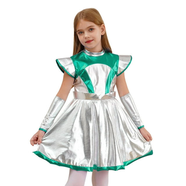 Hansber Costume de Cosplay d'Extraterrestre pour Filles Enfants, Robe de Danse Tutu Métallisée à Manches Cap et Poignets pour Fête d'Halloween, Vert 10