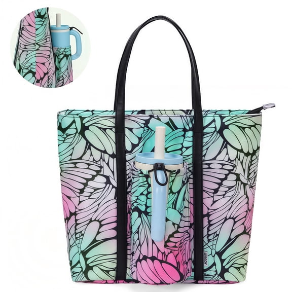 WANDF Tote Bag with Bottle Holder,Casual Handbag with Back Zipper Pocket,Lightweight Shoulder Bag with Zipper,Large Tote Purse for Travel,Gym,Work,Daily Use(Green Butterfly)