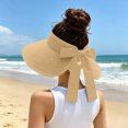 thumbnail image 4 of Women Wide Brim Ponytail Beach Hat Straw Sun Visor Hat UPF 50 UV Protection Packable Foldable Open Top Floppy Beach Hat with Ribbon for Summer Travel Gardening Khaki Free Size, 4 of 7
