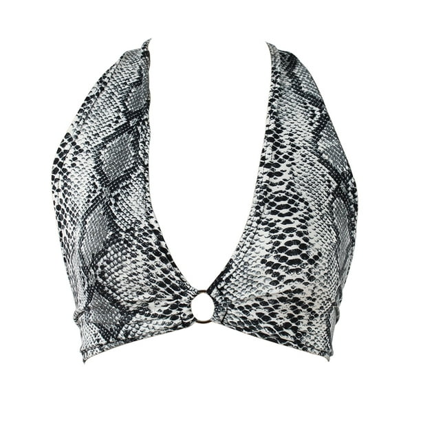 Women Snake Skin Print Bra Plunging V Neck Halter Bralette Lingerie Crop  Top Underwear Grey/Khaki 