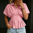 thumbnail image 4 of Women's Striped Blouse Peplum Hem Dressy Shirt Collared Short Sleeve Button Down Waist Fitted Business Casual Tops office Outfit Red, 4 of 5