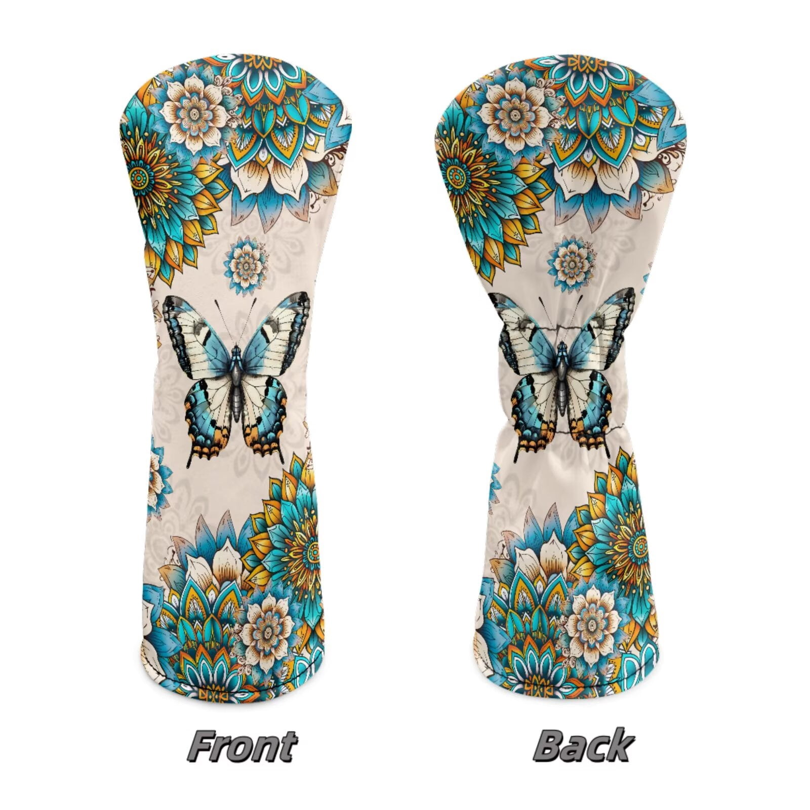 Uorisanigo Golf Club Head Cover PU Leather 3 Pcs Boho Mandala Butterfly Golf Headcovers for Woods and Driver Fairway Hybrids Women, Durable and Stain Resistant, Accessories Protection