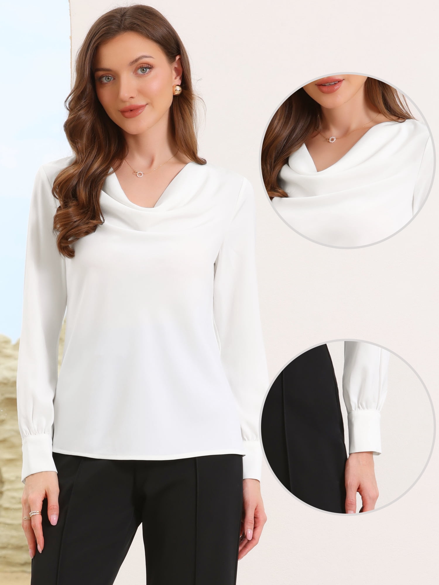 DARING DIVA Women's Elegant Work Shirts Cowl Neck Satin Blouses Shirt XS White
