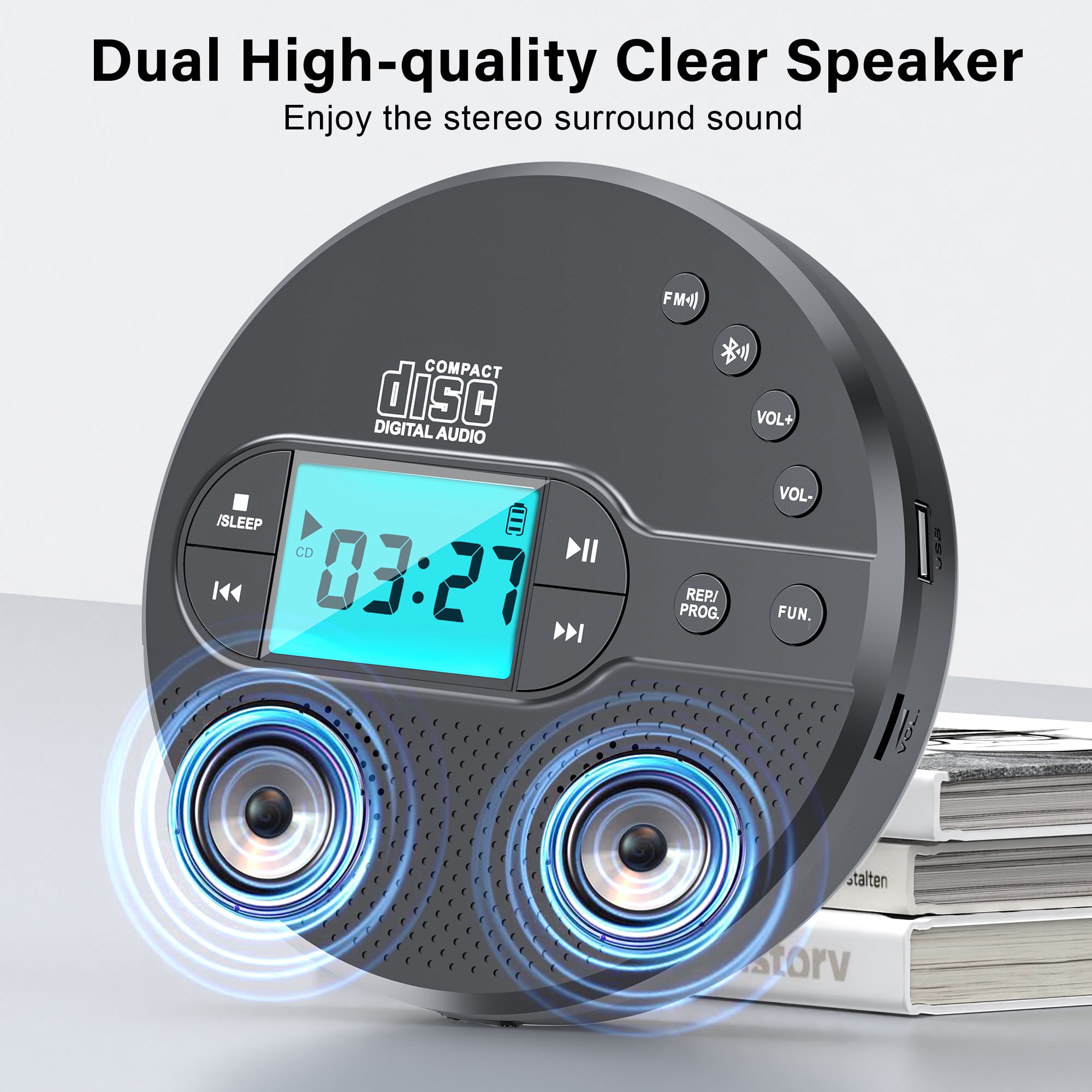 Portable CD Player with Bluetooth, CD Player for Car with USB Port, for Adult, Jogging