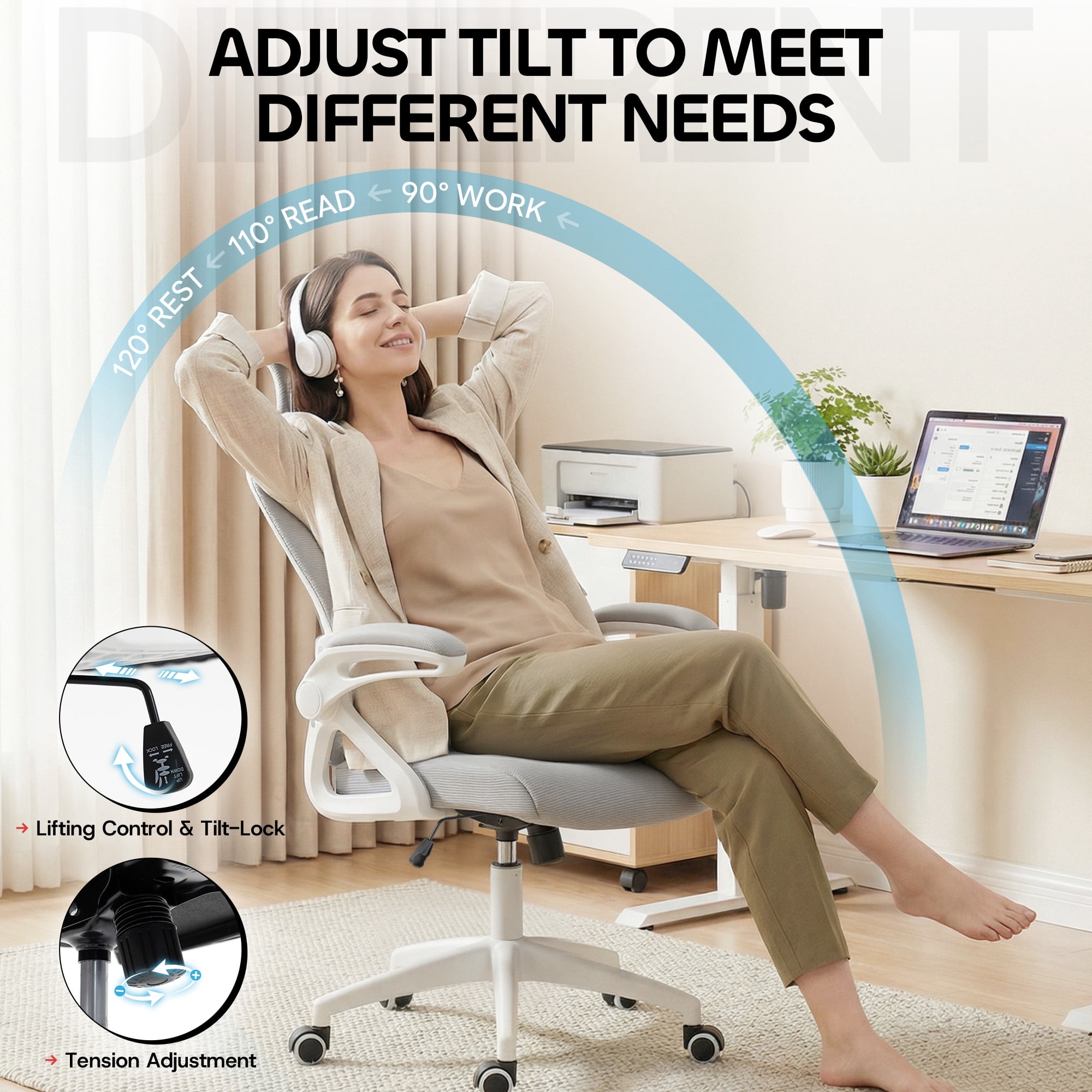 Ultifit Ergonomic Office Chair for Adult, Gray Breathable Mesh Desk Chair with Adjustable Headrest, Armrests, Lumbar Support, and Rocking Function，400LBS