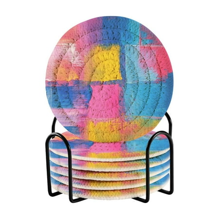 

6-Piece Premium Drink Coaster Set with Holder – Absorbent Cotton Woven Coasters for All Beverages Minimalist Home Decor & Table Protection. Abstract Pastel Pattern