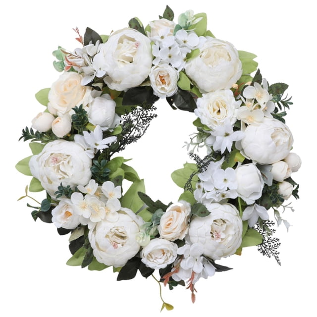 Corona de peonías artificiales para puerta de entrada, regalo decorativo para interiores y exteriores. Blanco